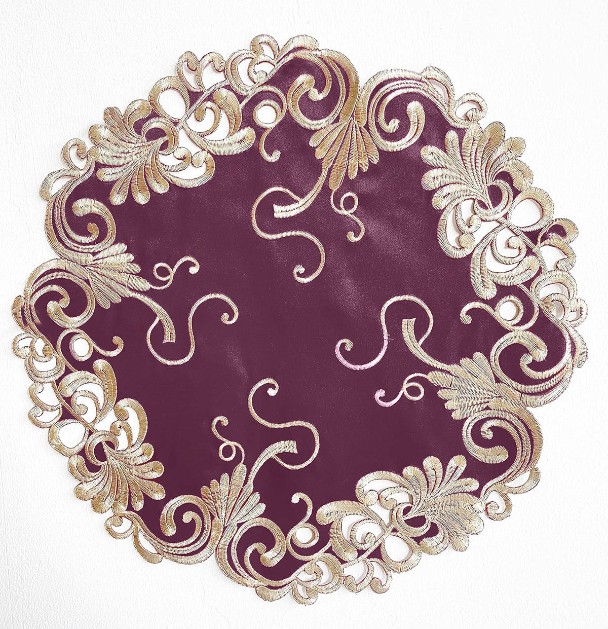 Lace Doilies - Rustic, Crochet, Farmhouse, Kitchen, Round Table Placemats - 15 inch Gold Burgundy, The Chantelle Collection