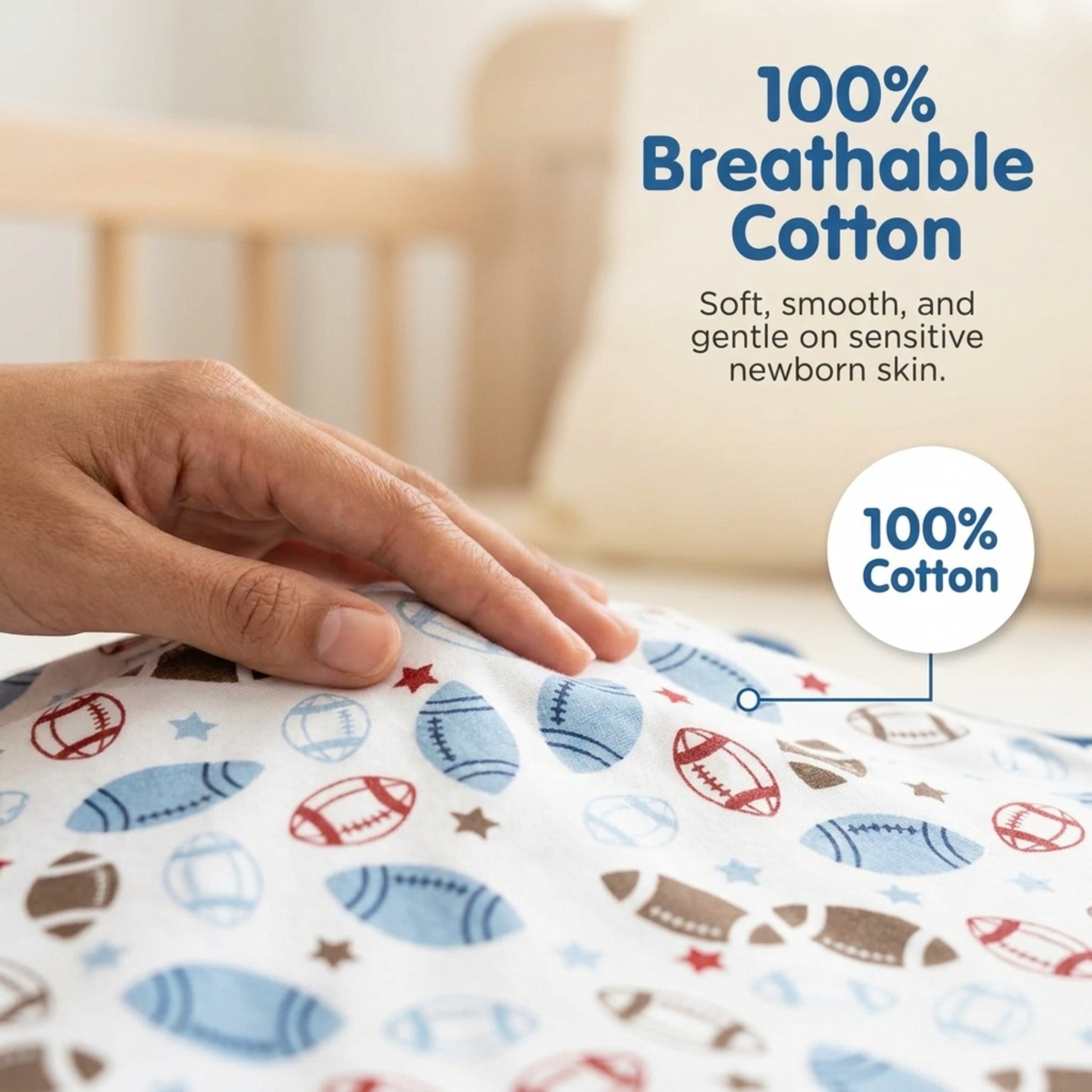 A hand is resting on a soft, breathable cotton fabric with a pattern of sports balls and stars, accompanied by text highlighting the 100% cotton quality of the material.