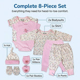 The image is a complete set of baby clothing and accessories, including a pink onesie, a pink bodysuit, a pink shirt, a pink hat, pink mittens, pink booties, and pink pants.
