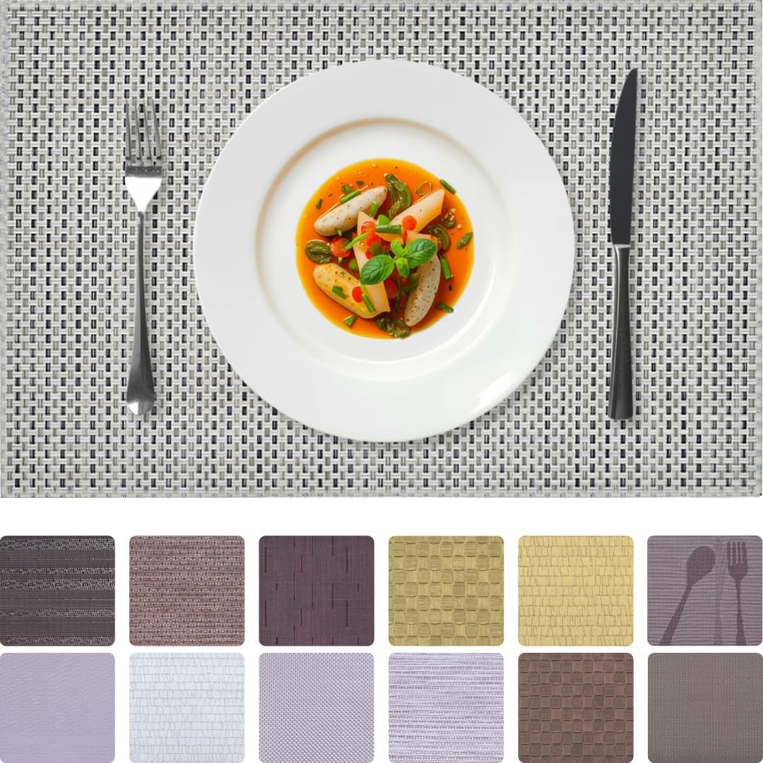 Set of 4 and 6 PVC placemats featuring colorful, textured designs, perfect for protecting tables during meals.