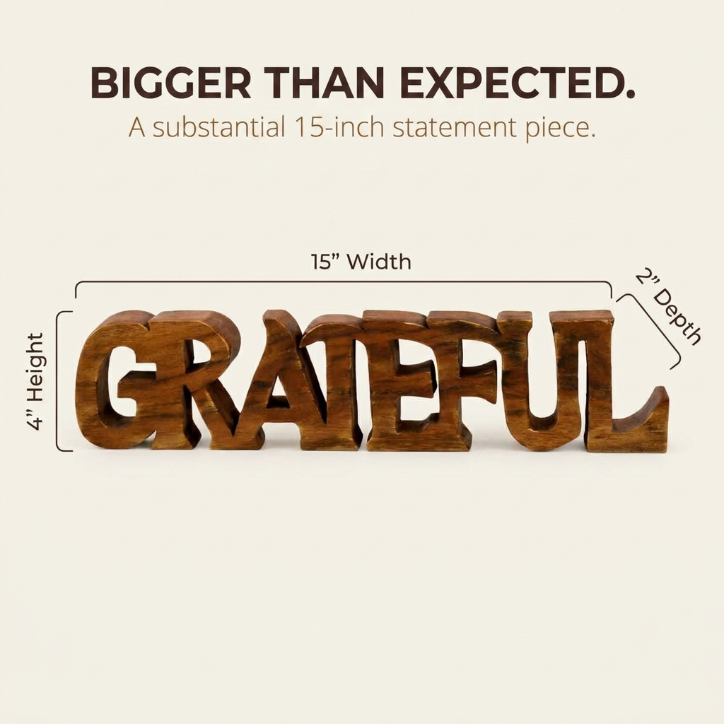 Wooden Word Sculpture – Handmade Acacia Wood Decor | Grateful Word Art Gift
