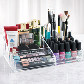 Clear makeup and jewelry organizer with 21 slots from F1047A, perfect for storing cosmetics and accessories neatly.