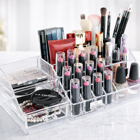 Clear F1215 makeup organizer with 19 slots and 1 drawer, perfect for storing cosmetics and beauty tools.