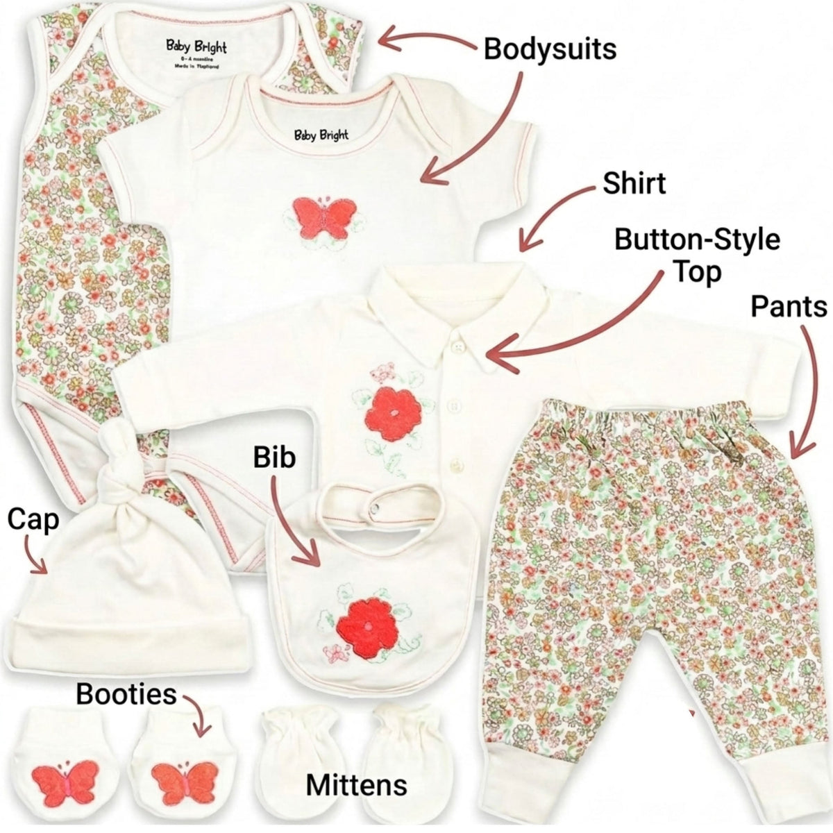 Baby Girl Layette Set – Soft Cotton 8-Piece Newborn Bodysuit Outfit 0-3 Months
