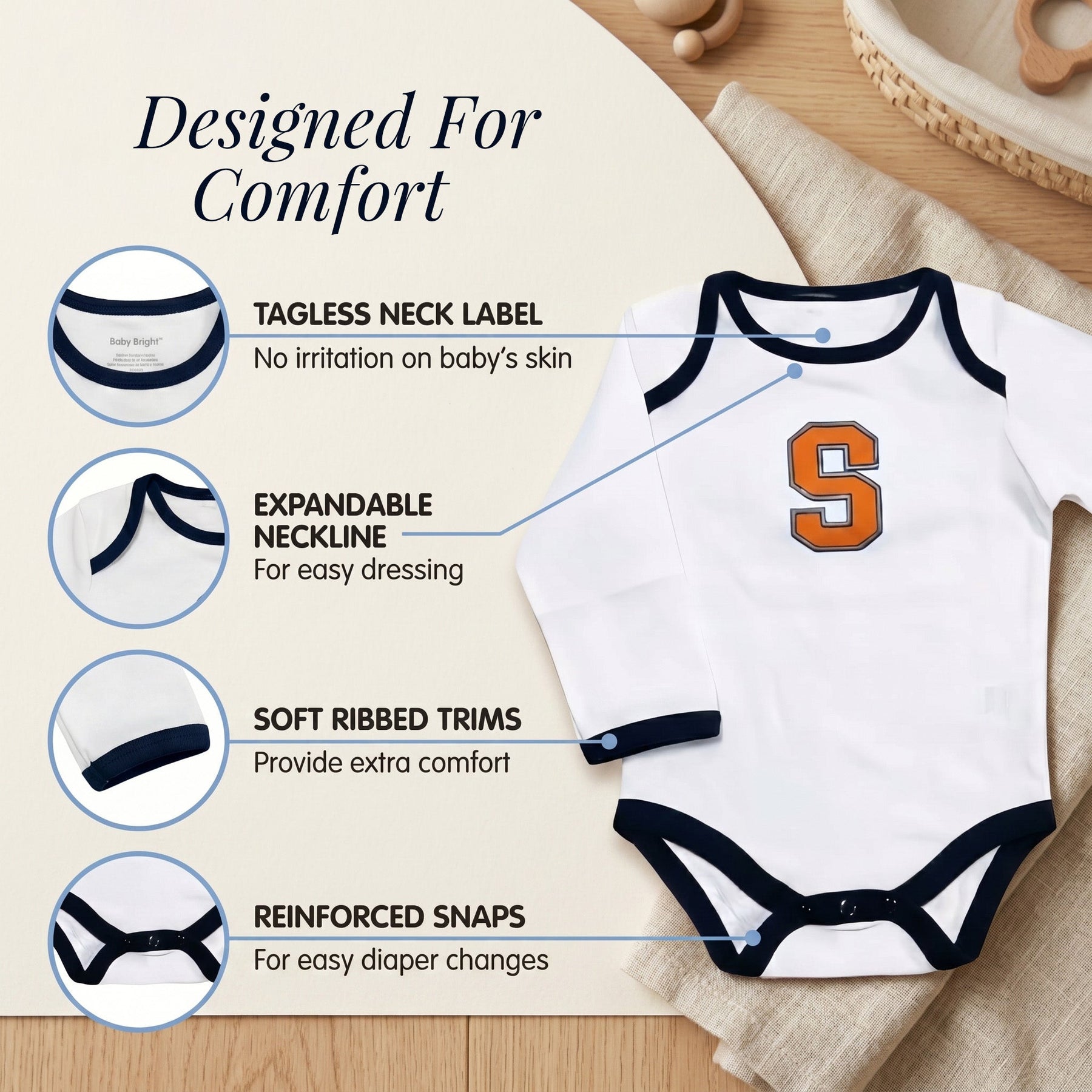 The image is a product description for a baby onesie, highlighting its features such as a tagless neck label, expandable neckline, soft ribbed trims, reinforced snaps, and a soft ribbed trim.
