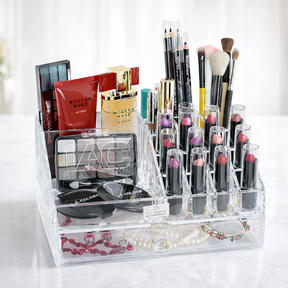 Clear F1267 makeup organizer with 19 slots and 1 drawer, perfect for storing cosmetics and beauty tools.