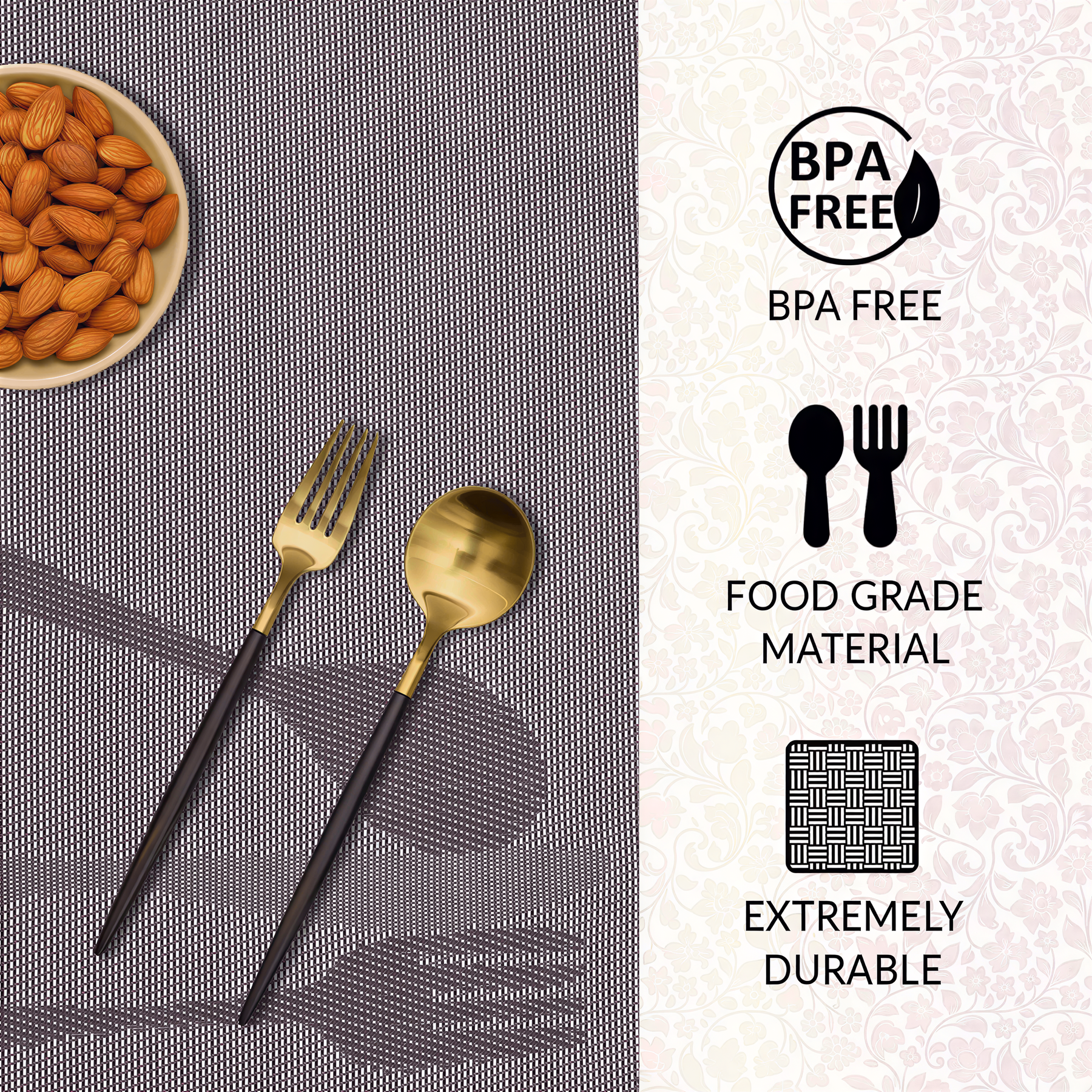 Set of four Devonshire Light Brown PVC placemats, washable table protectors for kitchen decor and dining surfaces.