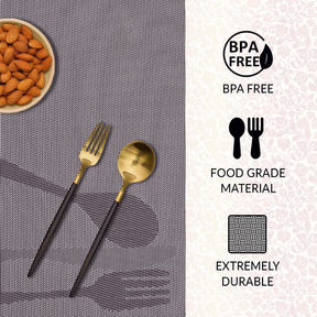 Set of four Devonshire Light Brown PVC placemats, washable table protectors for kitchen decor and dining surfaces.