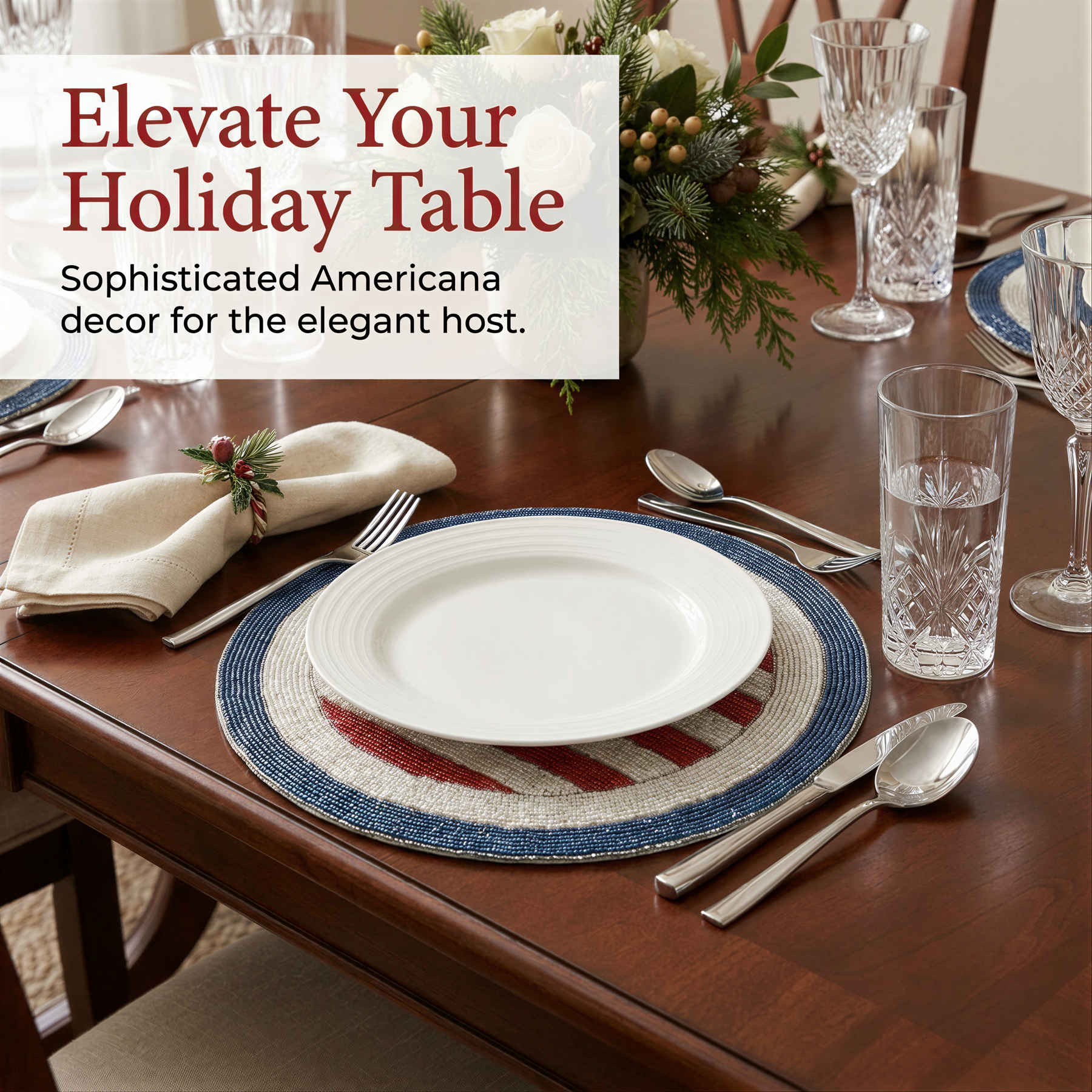 a beautifully set holiday table with a white plate, silverware, and crystal glasses. The table is decorated with a festive arrangement of flowers and greenery, creating a warm and inviting atmosphere.