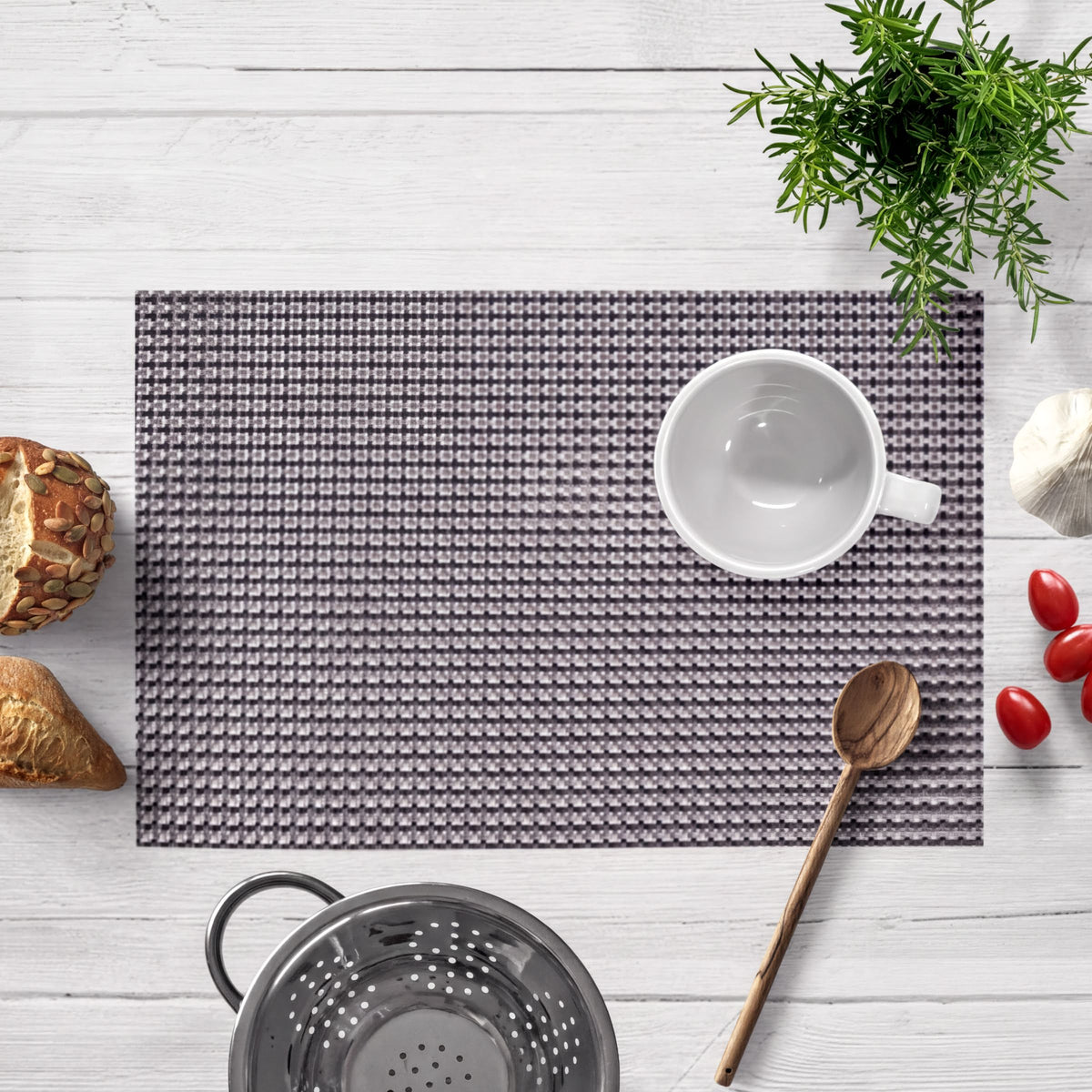 Set of four PVC placemats for dining table, durable and easy to clean, with a sleek design from brand 44334.