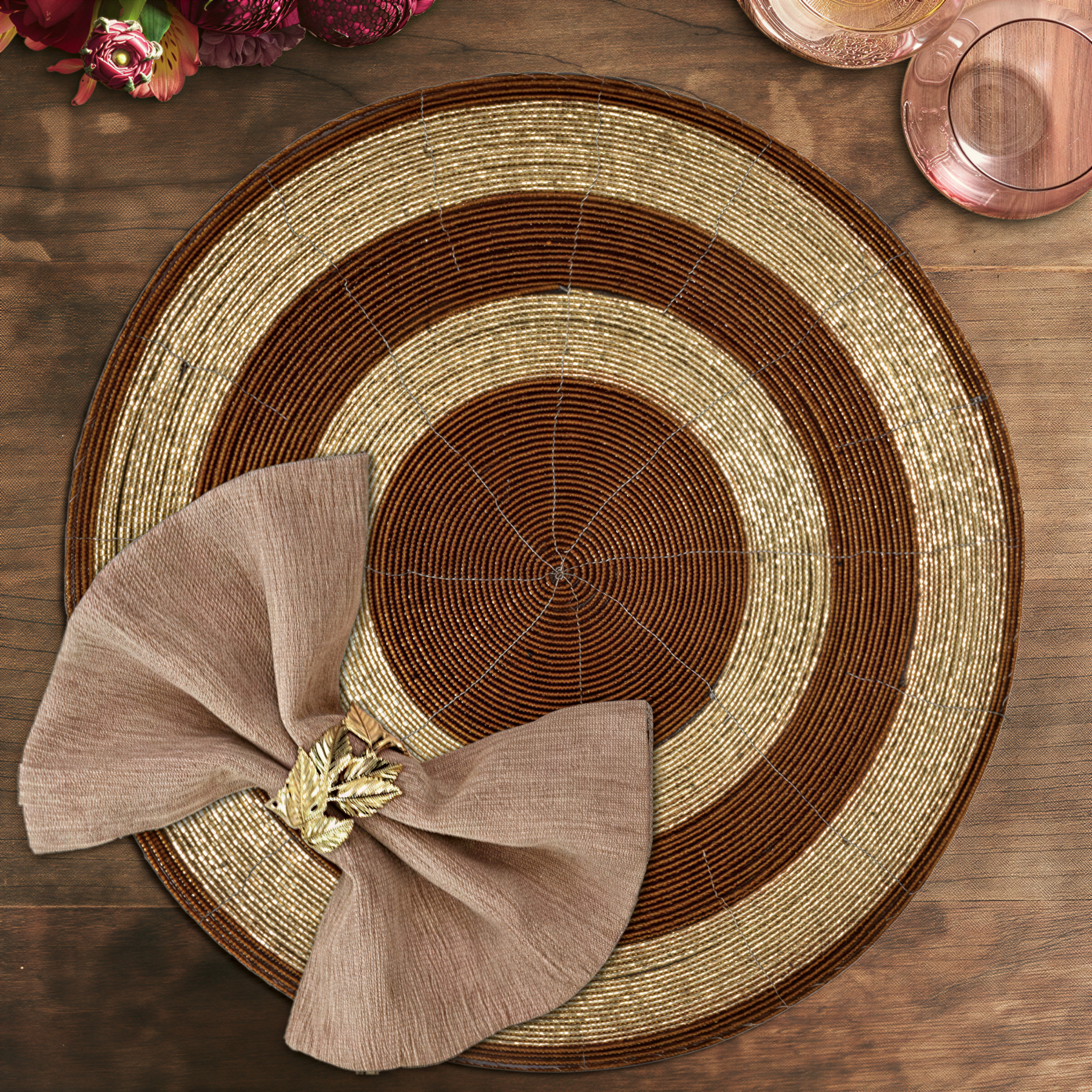 Set of four Dillen Grace beaded placemats from The Dillen Collection, 14-inch elegant decorative dining table decor.