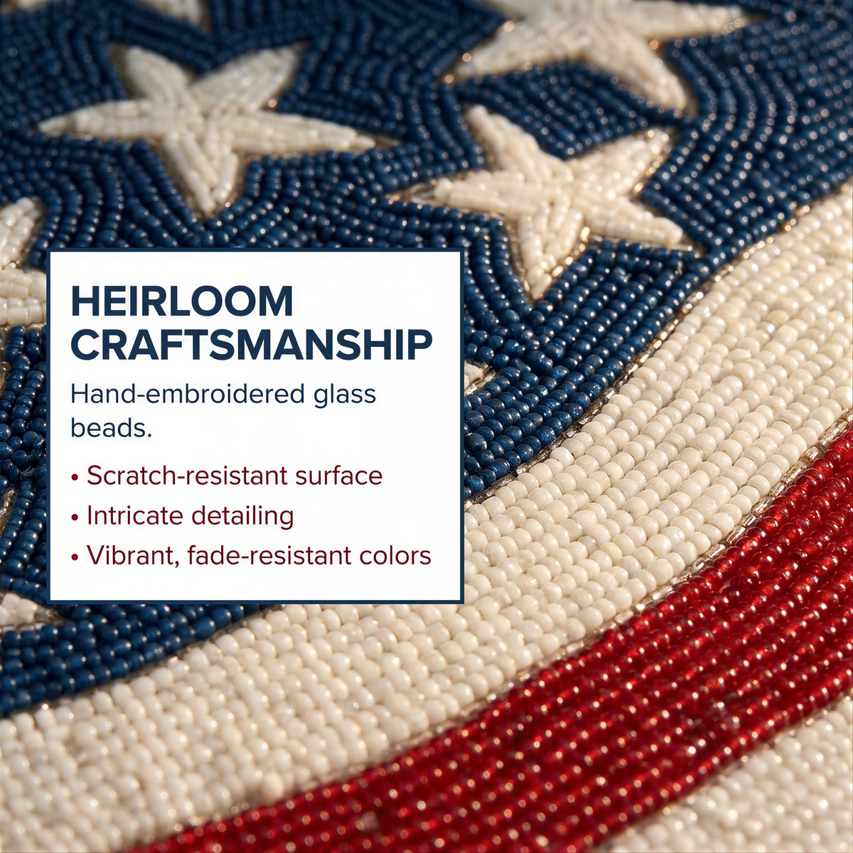 a close-up view of a hand-embroidered glass bead design, with the American flag as the background. The design is described as a "Hand-embroidered glass beads" and highlights its scratch-resistant surface, intricate detailing, and vibrant, fade-resistant colors.