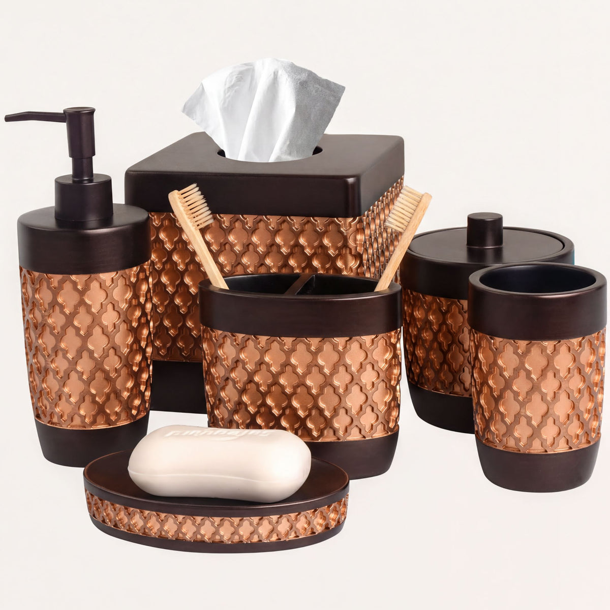 Set of six AH7006 Wally Collection modern bathroom décor accessories, including soap dish, tumbler, and storage containers.