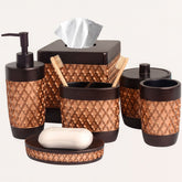 Set of six AH7006 Wally Collection modern bathroom décor accessories, including soap dish, tumbler, and storage containers.