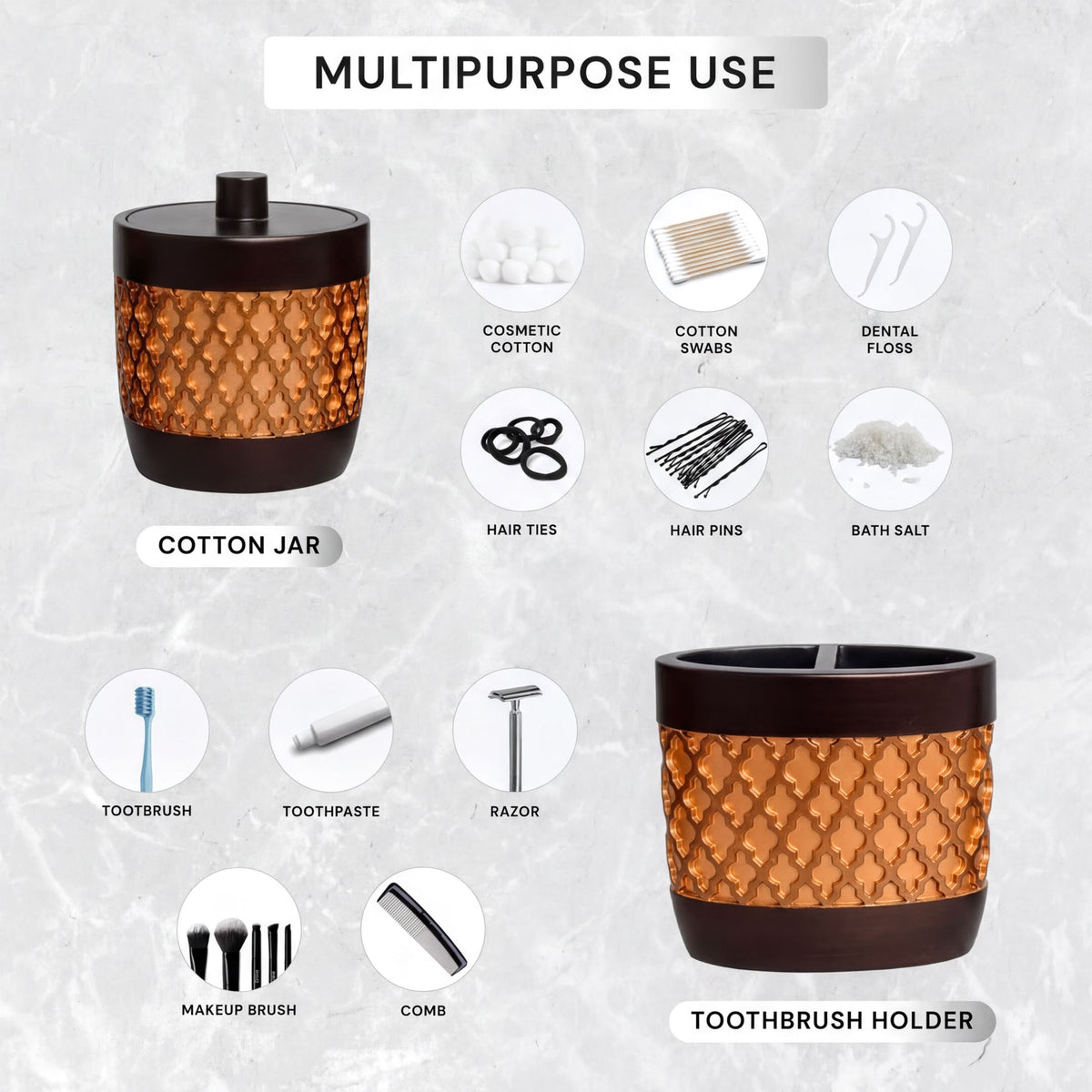 Elegant modern bathroom décor accessories set of 6 from The Wally Collection, featuring stylish bath set pieces and matching design.
