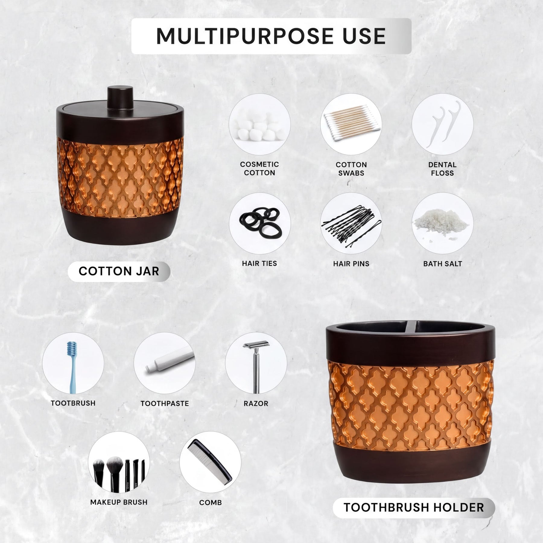 Elegant modern bathroom décor accessories set of 6 from The Wally Collection, featuring stylish bath set pieces and matching design.