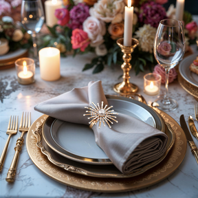 Set of four ZWZ-18-036 Golden Blossom napkin rings featuring gold floral and pearl design for elegant dining table décor.