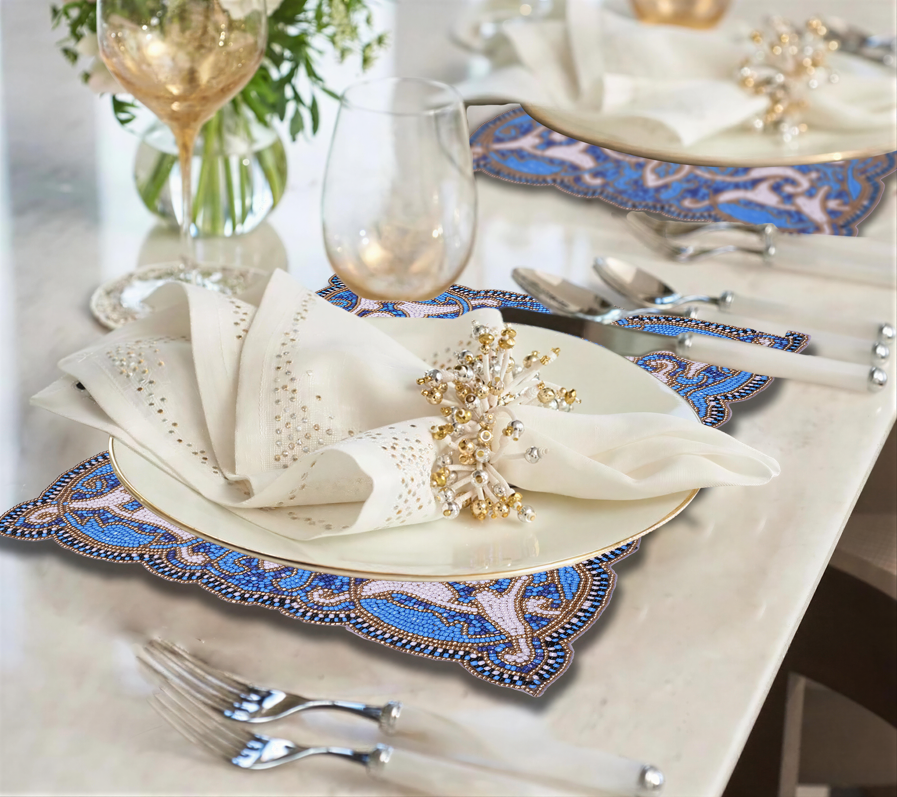 Set of 2 Azure Glow embroidered beaded placemats in blue and white, heat-resistant table decor, 12x16 inches.