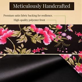 The image is a close-up of a handcrafted fabric with a floral pattern, featuring a premium satin fabric backing and a high-quality polyester front.