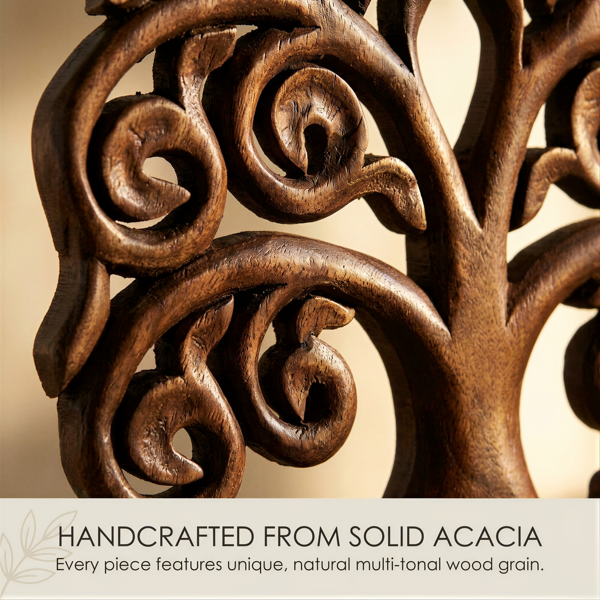 A close-up view of a beautifully crafted wooden tree sculpture, showcasing the intricate details and natural texture of the wood grain.