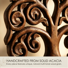 A close-up view of a beautifully crafted wooden tree sculpture, showcasing the intricate details and natural texture of the wood grain.