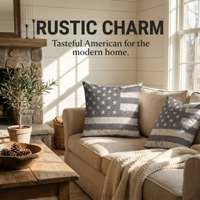 a cozy living room with a rustic charm, featuring a beige sofa with two matching American flag pillows, a wooden coffee table, and a stone fireplace.