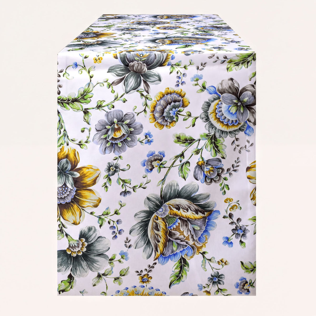 Printed Jaco Blue Table Runner from RN-55, featuring vibrant blue and intricate patterns for decorative table settings.
