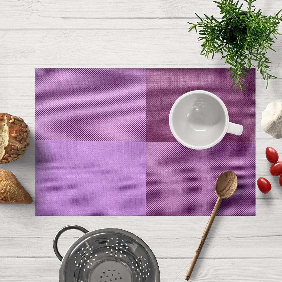 Decozen Placemats- Table Protector for Kitchen Decor Scratch Heat Resistant Placemats Washable Wipeable Indoor Outdoor Home Decor Table Place Mats Vinyl PVC 18x12 Inches - Pink Purple - Decozen