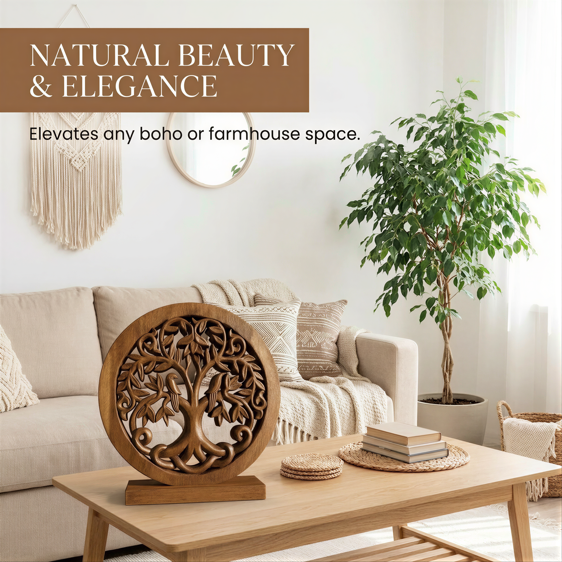 a cozy living room with a large potted plant, a wooden tree-shaped decoration, and a beige sofa. The room has a warm and inviting atmosphere, with a wooden coffee table and a mirror on the wall.