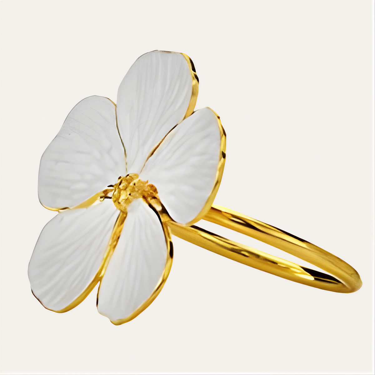 Set of four ZWZ-19-298 floral gold and white flower design napkin rings for elegant dining table décor.