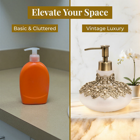 The image contrasts two soap dispensers, one basic and one vintage luxury, placed on a countertop.