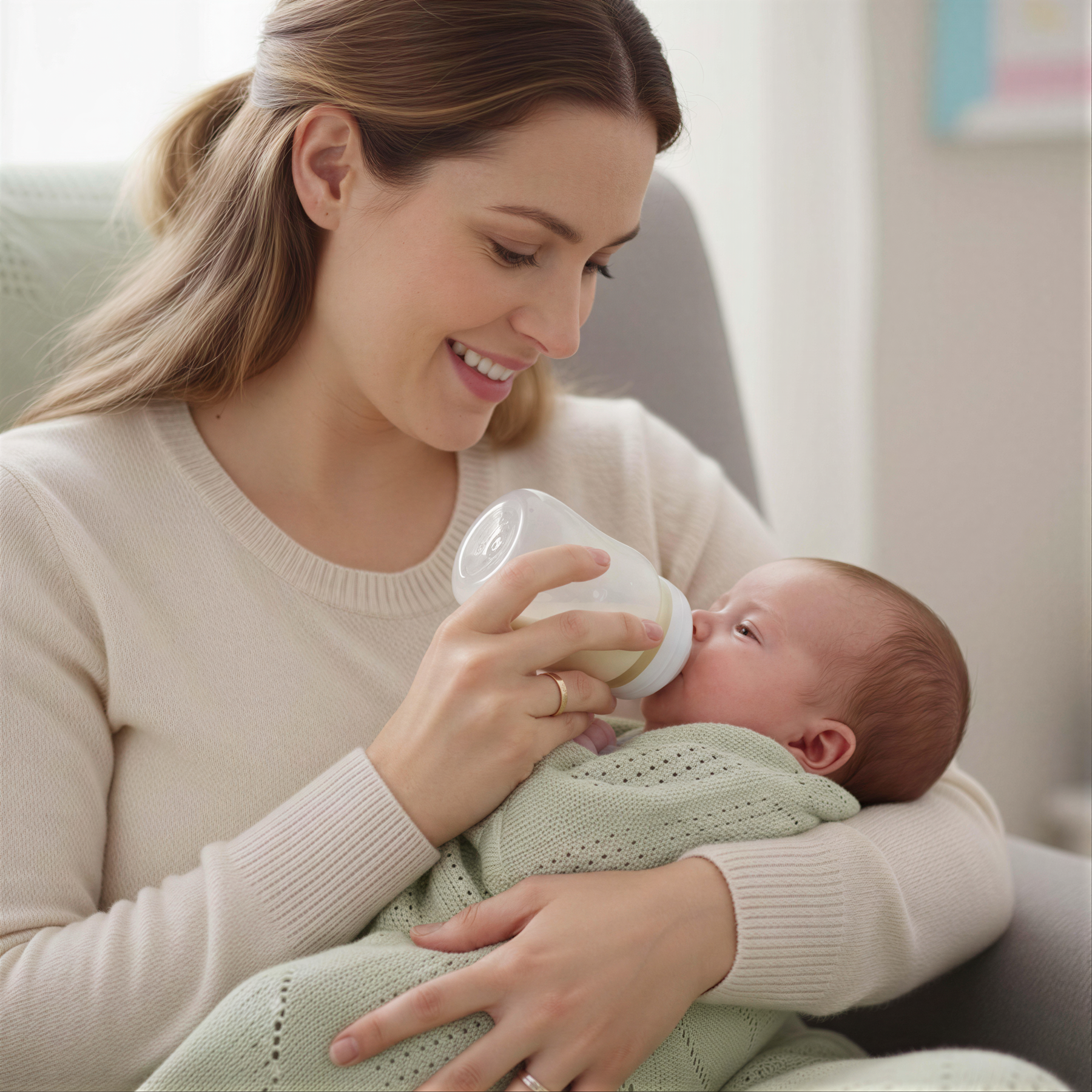 A woman in a beige sweater is holding a baby wrapped in a green blanket and feeding the baby from a white bottle.