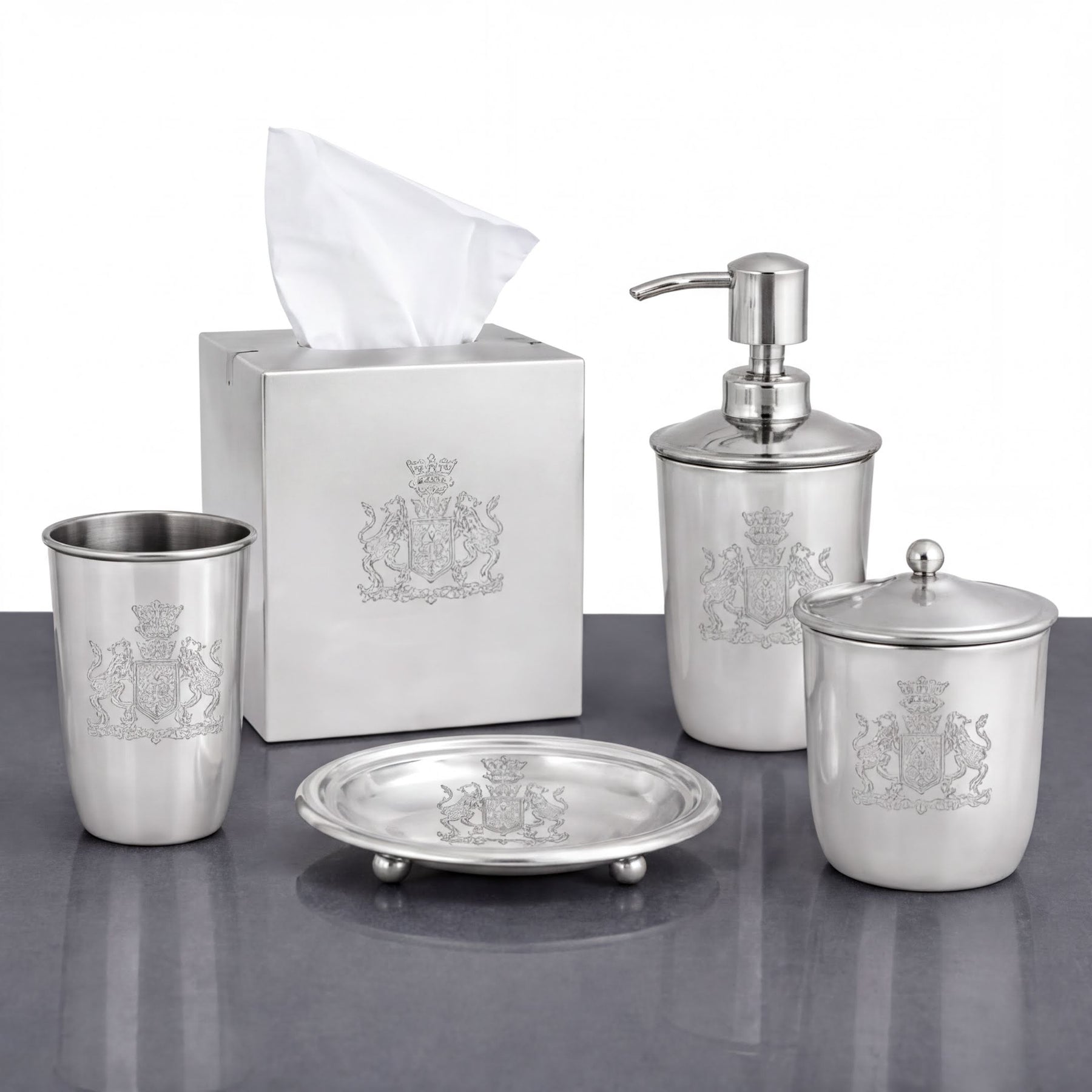 Modern bathroom décor accessories set of 5 from The Durkee Collection, including soap dispenser and matching accessories.