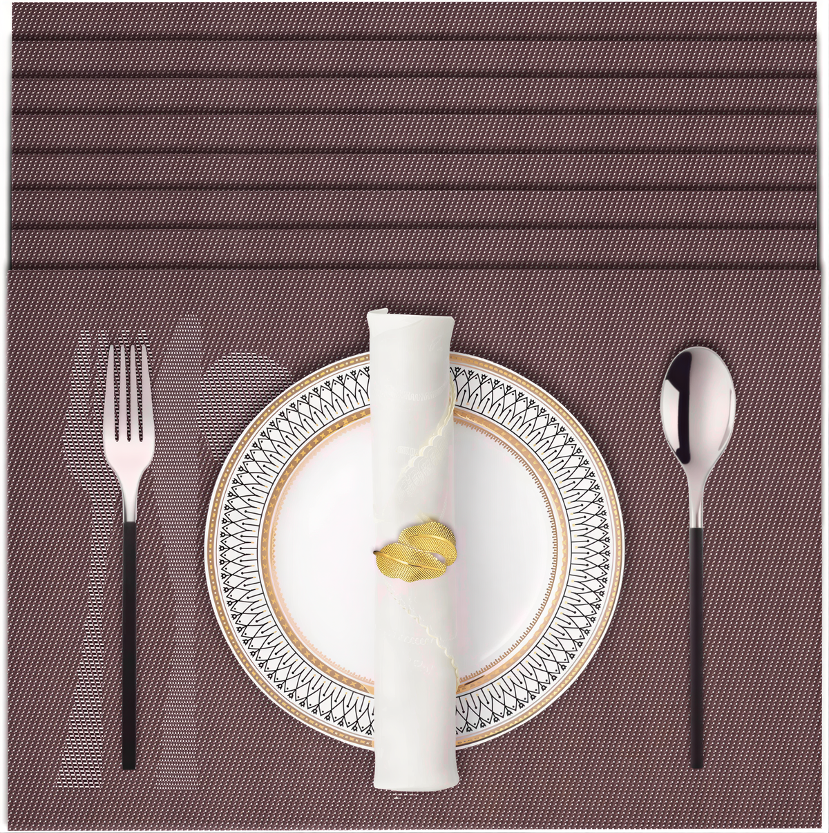 Set of four Cambridge Brown vinyl PVC placemats, heat and scratch resistant for dining table protection.