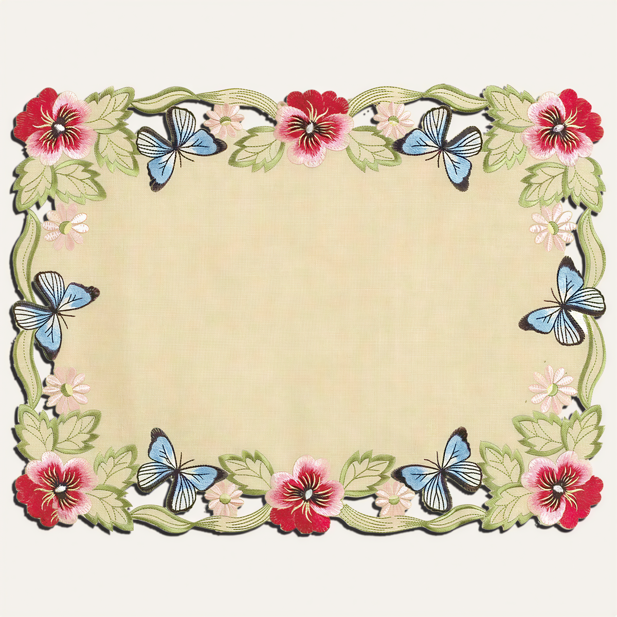 a decorative border with a floral pattern of red, pink, and white flowers surrounding a central empty space.