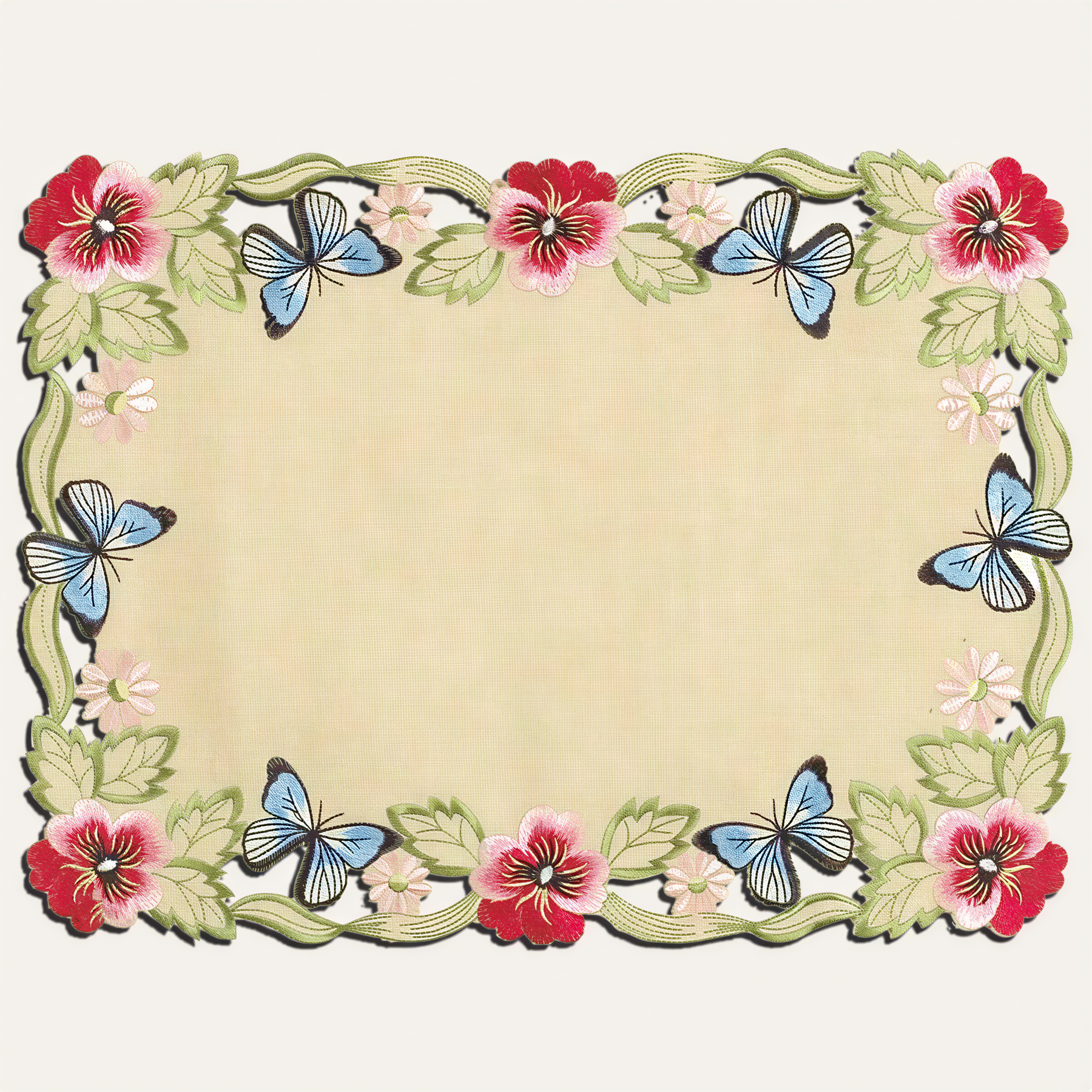 a decorative border with a floral pattern of red, pink, and white flowers surrounding a central empty space.