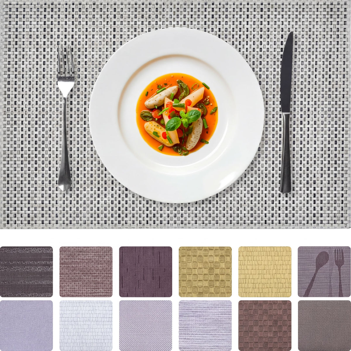 Set of 4 and 6 PVC placemats featuring colorful, textured designs, perfect for protecting tables during meals.