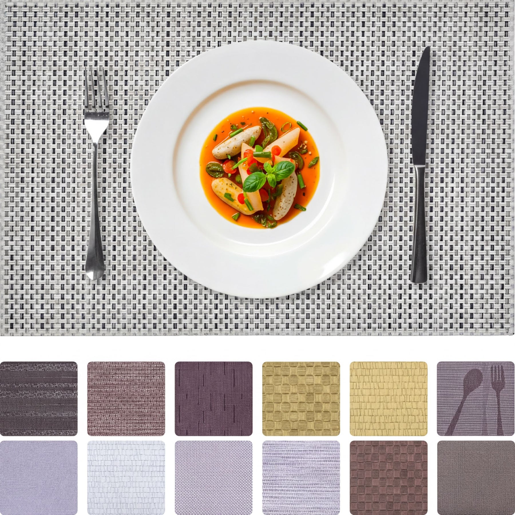 Set of 4 and 6 PVC placemats featuring colorful, textured designs, perfect for protecting tables during meals.