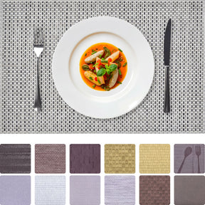 Set of 4 and 6 PVC placemats featuring colorful, textured designs, perfect for protecting tables during meals.