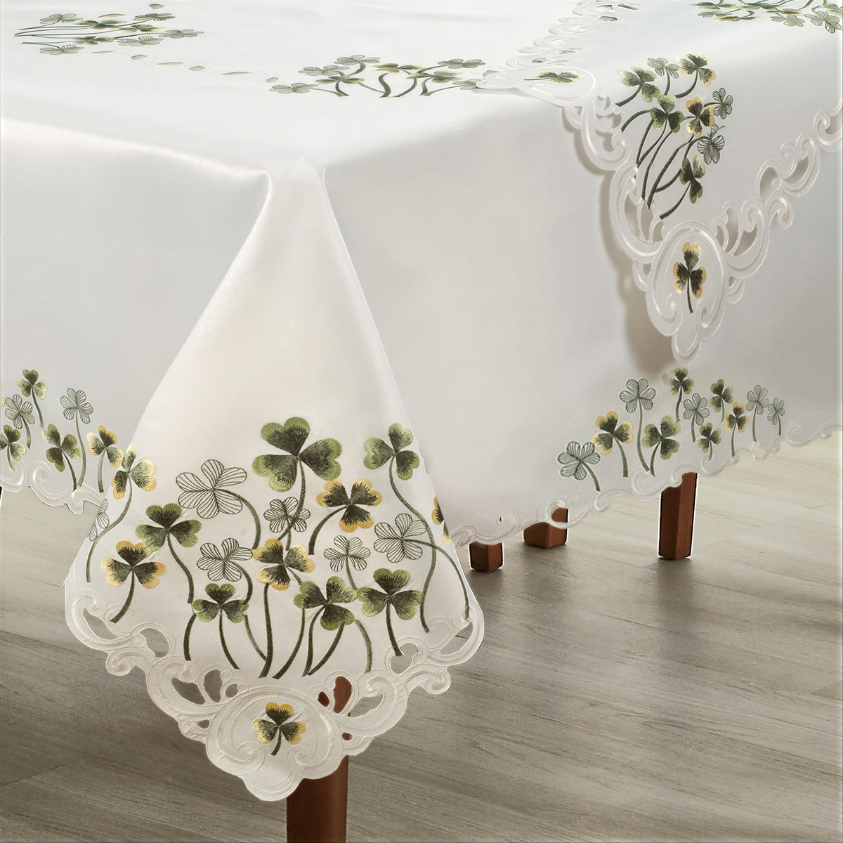 Elegant table cover from the Clem Collection with European embroidery, featuring intricate details and vibrant colors.
