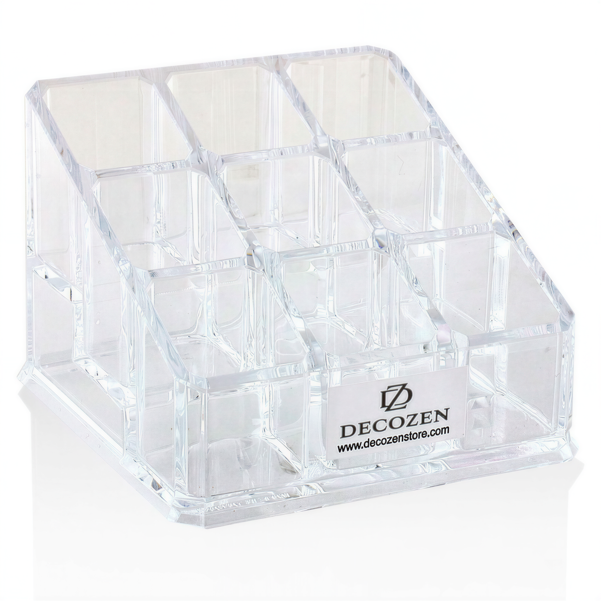 F1110 clear makeup organizer with 9 slots, perfect gift for mom, showcasing various makeup items stored inside.