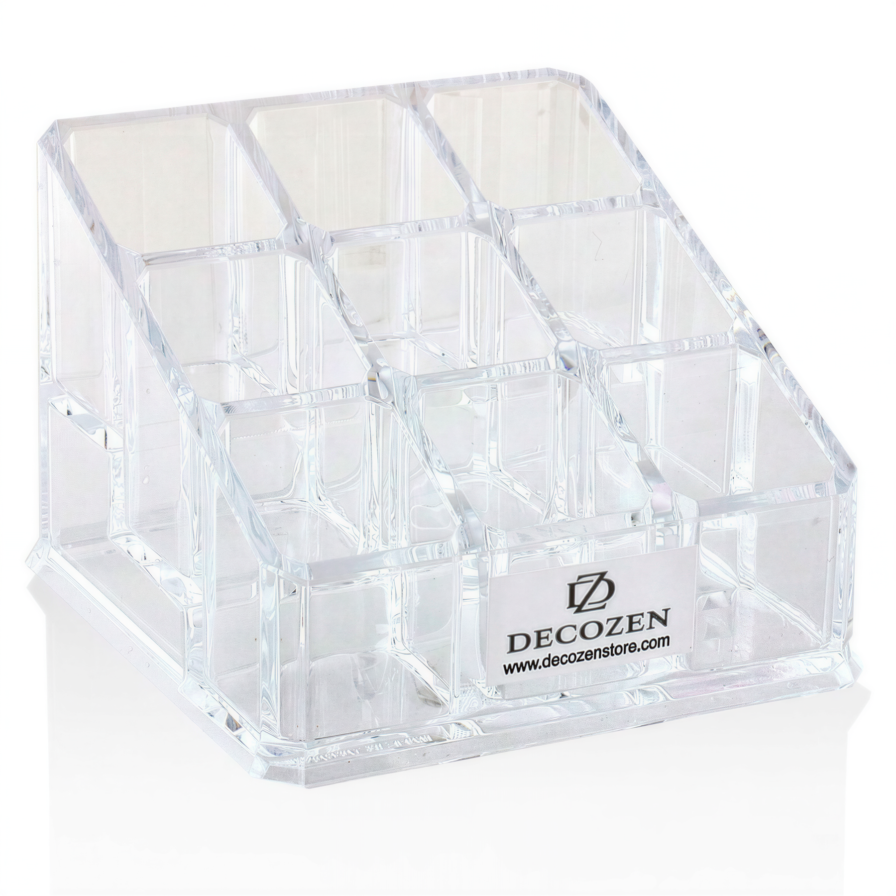 F1110 clear makeup organizer with 9 slots, perfect gift for mom, showcasing various makeup items stored inside.
