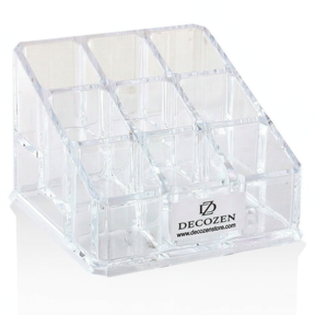 F1110 clear makeup organizer with 9 slots, perfect gift for mom, showcasing various makeup items stored inside.