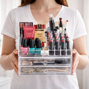 F2503 Clear makeup organizer with 19 slots and 2 drawers for cosmetics and beauty tools, perfect gift for mom.