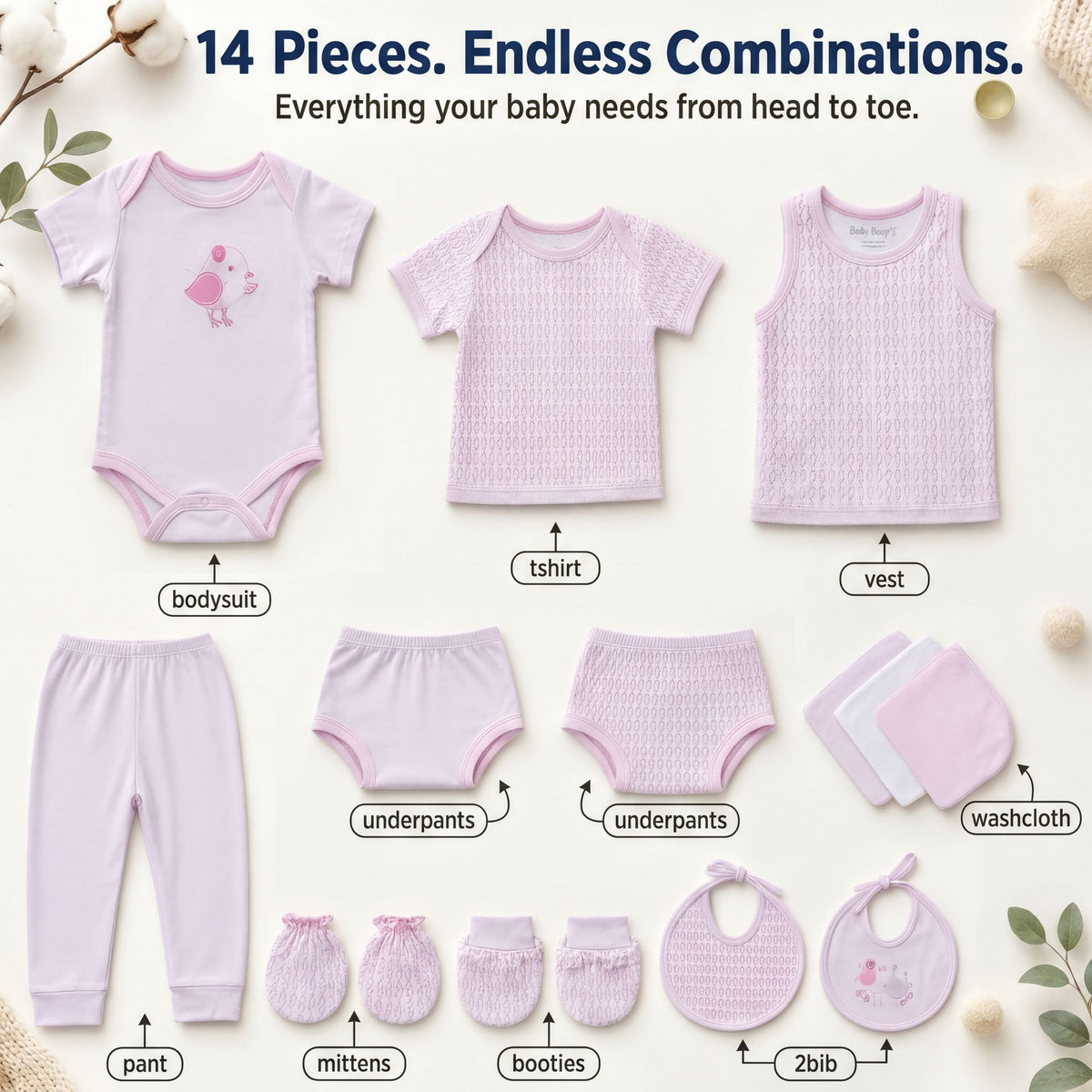 a variety of baby clothing and accessories, including a bodysuit, t-shirt, vest, underwear, pants, mittens, boots, and a bib. The items are arranged in a visually appealing manner, showcasing the endless combinations of clothing and accessories available for a baby.
