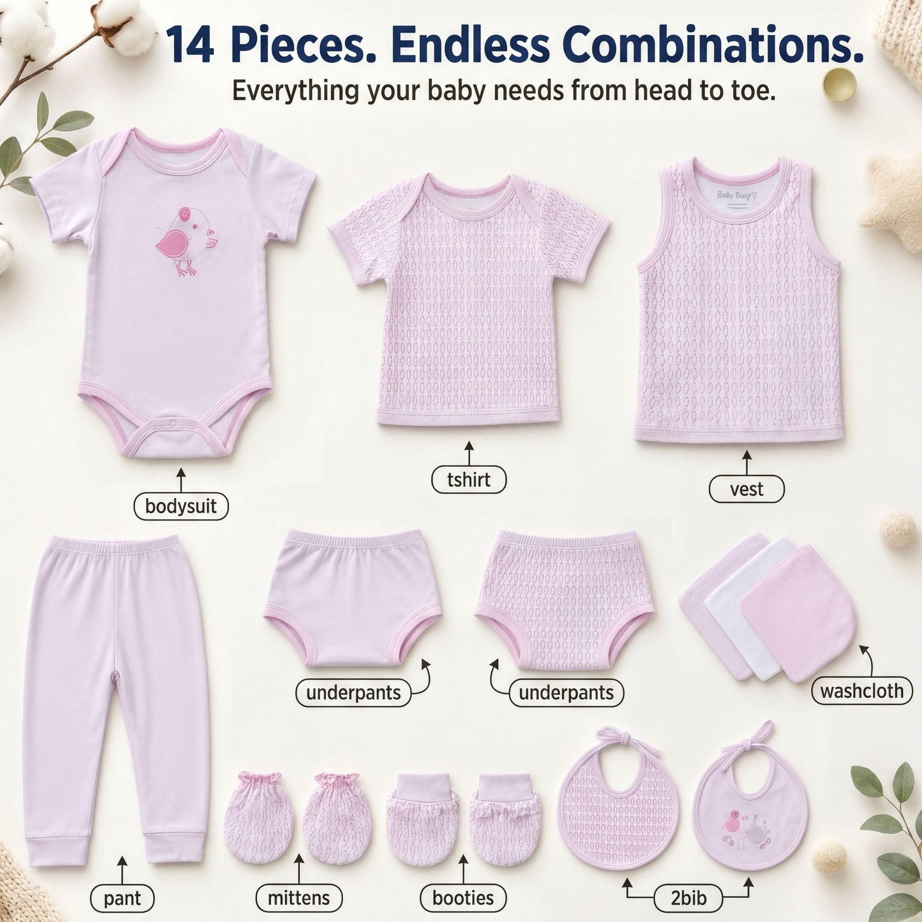 a variety of baby clothing and accessories, including a bodysuit, t-shirt, vest, underwear, pants, mittens, boots, and a bib. The items are arranged in a visually appealing manner, showcasing the endless combinations of clothing and accessories available for a baby.