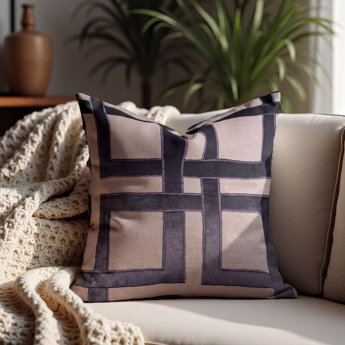 Beige and brown throw pillow cover, 20x20 inches, from #020 brand, with soft fabric and decorative design.
