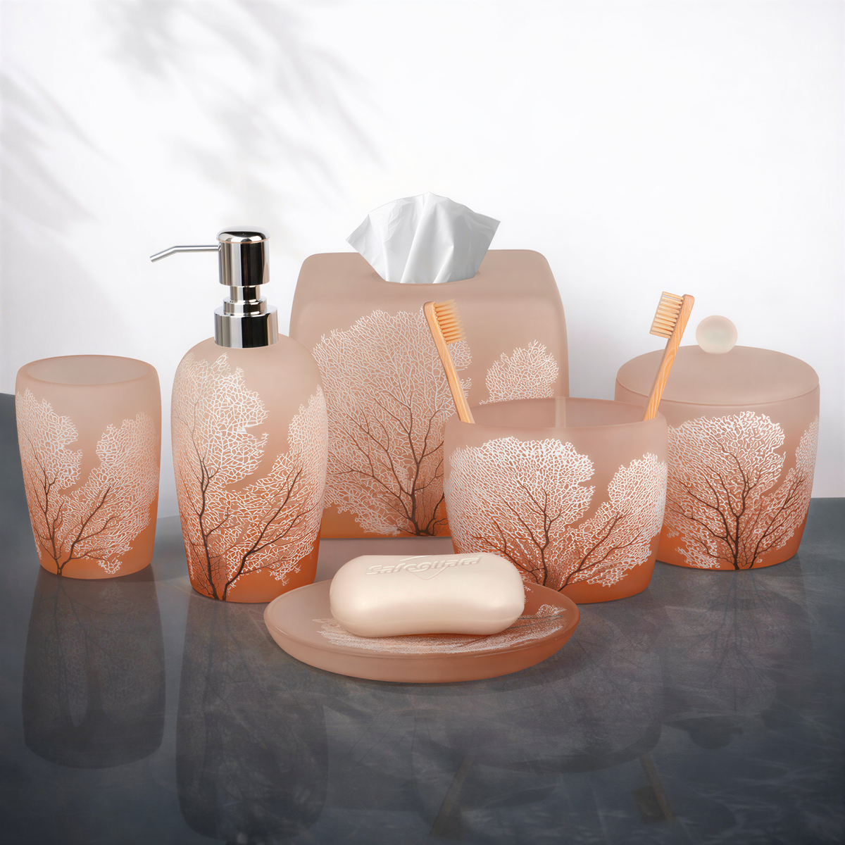 Set of six modern bathroom décor accessories from The Carruthers Collection by AH7005, featuring elegant bath accessories in a stylish design.