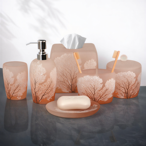 Set of six modern bathroom décor accessories from The Carruthers Collection by AH7005, featuring elegant bath accessories in a stylish design.