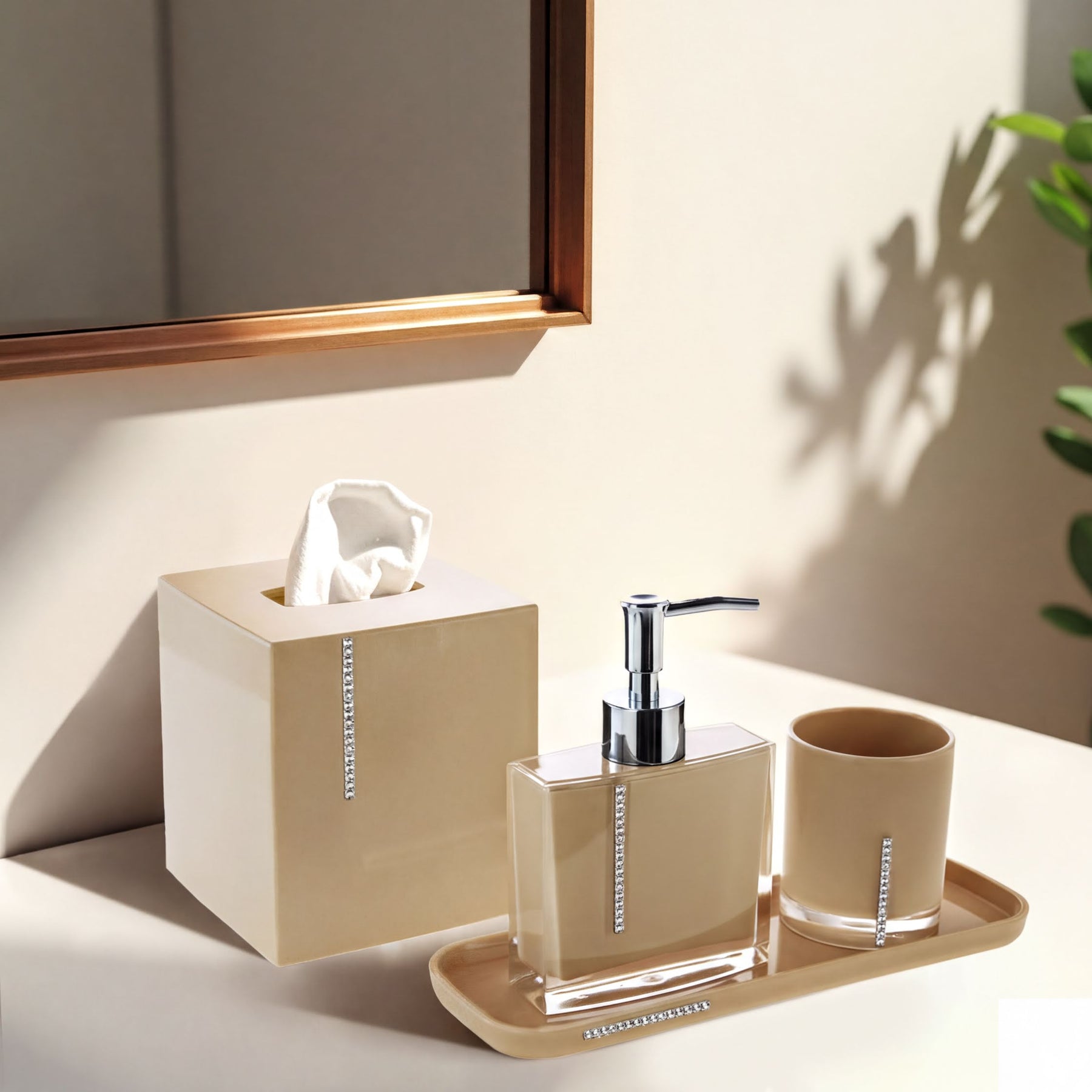 Elegant modern bathroom décor accessories set of 4 from The Mcclary Collection, includes soap dispenser, toothbrush holder, and more.